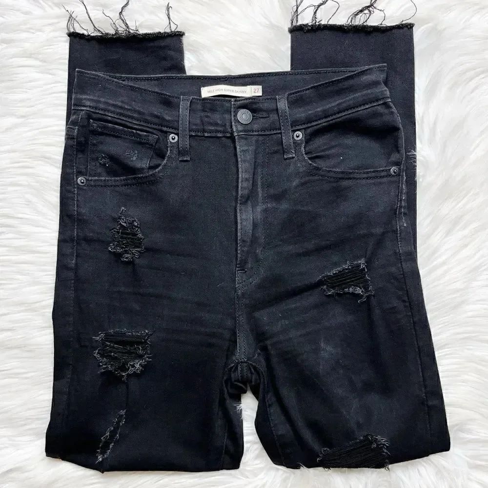 Levis Mile High Super Skinny Distressed Jeans Black Size 27